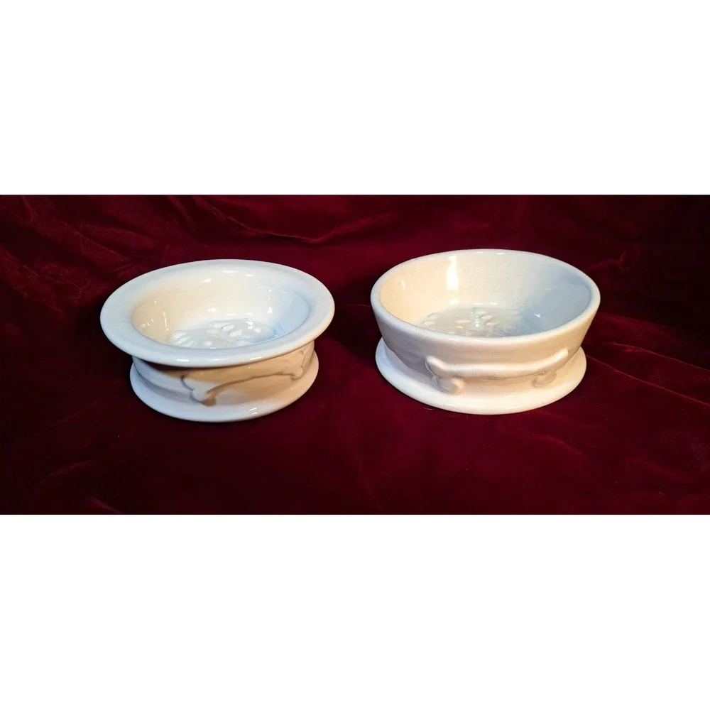 Debby Carman White Ceramic Pet Bowl Set Bow Wow Embossed Bone Design 2pc Signed